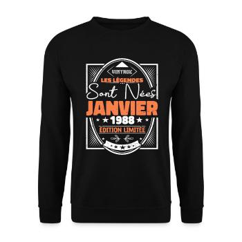 Janvier 1988 | Vintage Anniversaire 1988 Rétro - Sweat-shirt Unisexe - noir - Devant - Alina (178cm) & Michal (187cm)