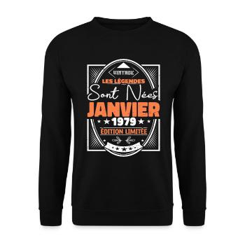 Janvier 1979 | Vintage Anniversaire 1979 Rétro - Sweat-shirt Unisexe - noir - Devant - Alina (178cm) & Michal (187cm)
