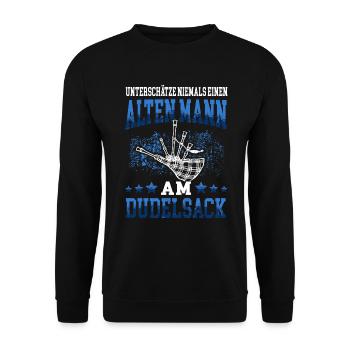 Alter Mann am Dudelsack schottische Sackpfeife - Unisex Pullover - Schwarz - Vorne - Alina (178cm) & Michal (187cm)