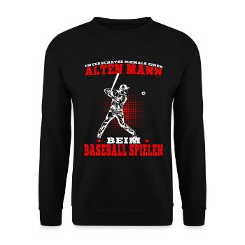 Alter Mann bei Baseball Baseballer Baseballspieler - Unisex Pullover - Schwarz - Vorne - Alina (178cm) & Michal (187cm)