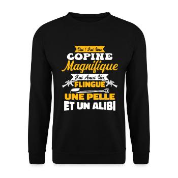Copine magnifique flingue - pelle - alibi - Sweat-shirt Unisexe - noir - Devant - Alina (178cm) & Michal (187cm)