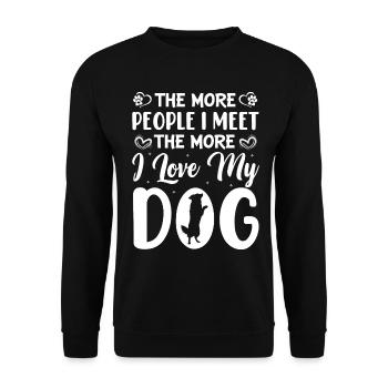Je mehr Menschen ich treffe, desto mehr liebe ich - Unisex Pullover - Schwarz - Vorne - Alina (178cm) & Michal (187cm)