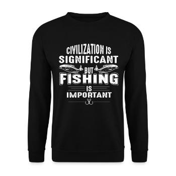 Zivilisation ist wichtig, aber Angeln ist wichtig - Unisex Pullover - Schwarz - Vorne - Alina (178cm) & Michal (187cm)