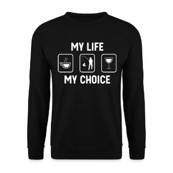 Mein Leben, meine Wahl - Wein - Angeln - - Unisex Pullover - Schwarz - Vorne - Alina (178cm) & Michal (187cm)