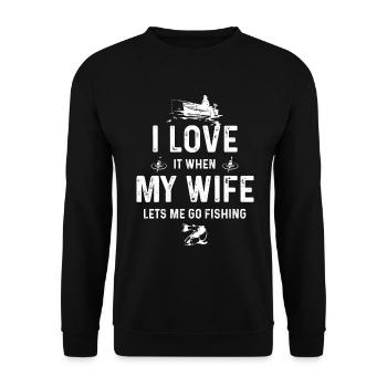 Ich liebe es, wenn meine Frau mich angeln lässt - Unisex Pullover - Schwarz - Vorne - Alina (178cm) & Michal (187cm)