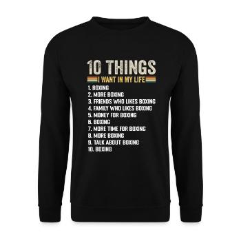 10 Dinge, die ich in meinem Leben will Boxen und noch mehr Boxen - Unisex Pullover - Schwarz - Vorne - Alina (178cm) & Michal (187cm)