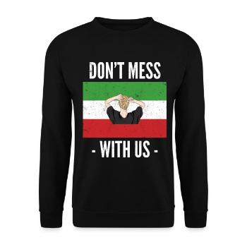 Neue iranische Flagge Kein Hijab. Leg dich nicht mit Frauen an - Unisex Pullover - Schwarz - Vorne - Alina (178cm) & Michal (187cm)