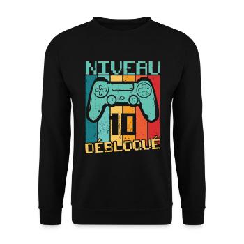 Niveau 10 débloqué Cadeau 10 ans Anniversaire - Sweat-shirt Unisexe - noir - Devant - Alina (178cm) & Michal (187cm)