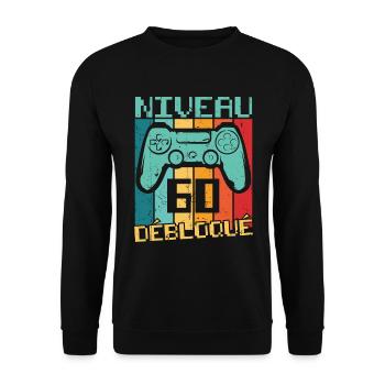 Niveau 60 débloqué Cadeau 60 ans Anniversaire - Sweat-shirt Unisexe - noir - Devant - Alina (178cm) & Michal (187cm)