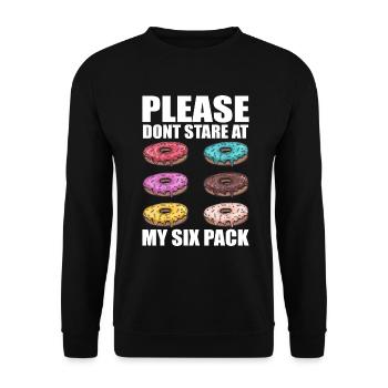 Bitte starren Sie nicht auf mein lustiges Fitnessstudio mit Sixpack-Donuts - Unisex Pullover - Schwarz - Vorne - Alina (178cm) & Michal (187cm)