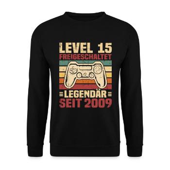 Level 15 freigeschaltet legendär seit 2009 - Unisex Pullover - Schwarz - Vorne - Alina (178cm) & Michal (187cm)