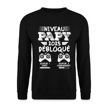 Niveau Papy Débloqué Futur Grand Père 2025 Cadeau - Sweat-shirt Unisexe - noir - Devant - Alina (178cm) & Michal (187cm)