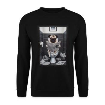 Mops Toilette Zeitung lesen Geschenk - Unisex Pullover - Schwarz - Vorne - Alina (178cm) & Michal (187cm)