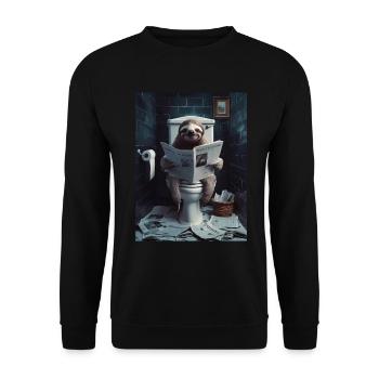 Faultier Toilette Zeitung lesen Geschenk - Unisex Pullover - Schwarz - Vorne - Alina (178cm) & Michal (187cm)