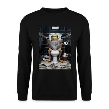 Frosch Toilette Zeitung lesen Geschenk - Unisex Pullover - Schwarz - Vorne - Alina (178cm) & Michal (187cm)