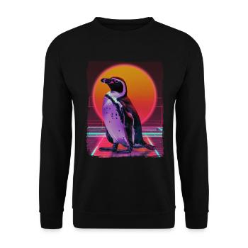 Retro 80er Jahre Rosa Neon Cool Pinguin Tier Sommer Sonne - Unisex Pullover - Schwarz - Vorne - Alina (178cm) & Michal (187cm)
