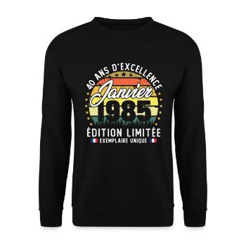 Janvier 1985 Vintage Cadeau Anniversaire 40 Ans - Sweat-shirt Unisexe - noir - Devant - Alina (178cm) & Michal (187cm)
