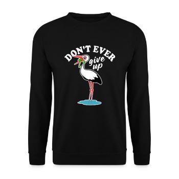 Frosch und Storch - Don't ever give up - Spruch - Unisex Pullover - Schwarz - Vorne - Alina (178cm) & Michal (187cm)