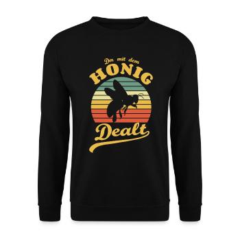 Der mit dem Honig dealt, Imker, Biene, Bienenzucht - Unisex Pullover - Schwarz - Vorne - Alina (178cm) & Michal (187cm)