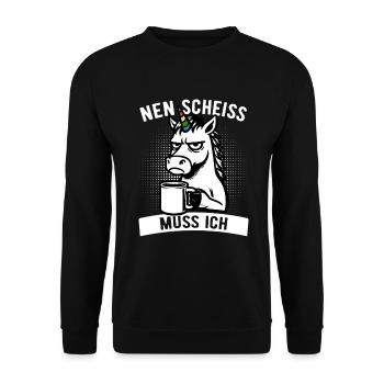 Freches Einhorn - Nen Scheiß muss ich - Kaffee - Unisex Pullover - Schwarz - Vorne - Alina (178cm) & Michal (187cm)