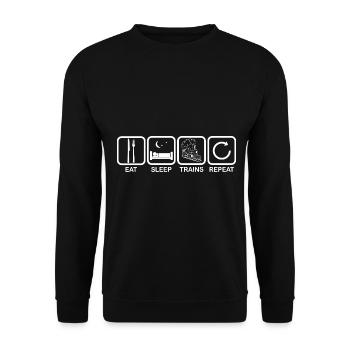 Eisenbahn Rentner Opa - eat sleep repeat Züge - Unisex Pullover - Schwarz - Vorne - Alina (178cm) & Michal (187cm)