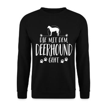 DIE MIT DEM DEERHOUND GEHT Hunde Spruch Wilsigns - Unisex Pullover - Schwarz - Vorne - Alina (178cm) & Michal (187cm)