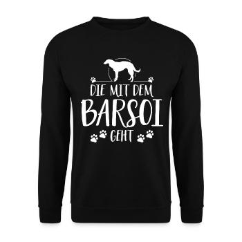 DIE MIT BARSOI GEHT Hunde Hundespruch Wilsigns - Unisex Pullover - Schwarz - Vorne - Alina (178cm) & Michal (187cm)