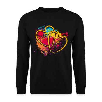zwei verschlungene Herzen auf Farbklecksen - Unisex Pullover - Schwarz - Vorne - Alina (178cm) & Michal (187cm)