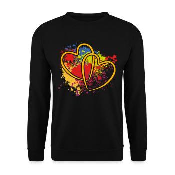 zwei verschlungene Herzen auf Farbklecksen - Unisex Pullover - Schwarz - Vorne - Alina (178cm) & Michal (187cm)