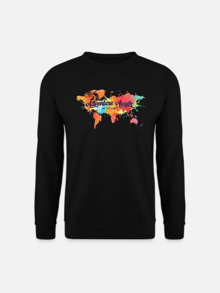 Abenteuer wartet Zitat Lebendige Aquarell Weltkarte - Unisex Pullover - Schwarz
