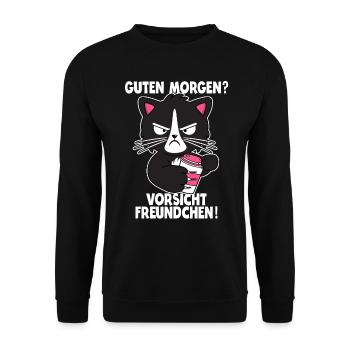 Katze Kaffee Morgenmuffel Langschläfer Geschenk - Unisex Pullover - Schwarz - Vorne - Alina (178cm) & Michal (187cm)