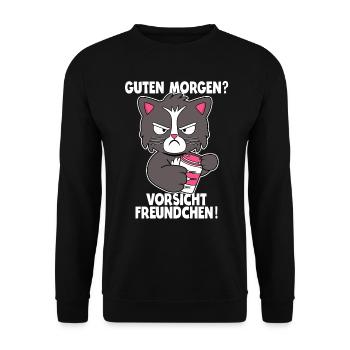 Katze Kaffee Morgenmuffel Langschläfer Geschenk - Unisex Pullover - Schwarz - Vorne - Alina (178cm) & Michal (187cm)