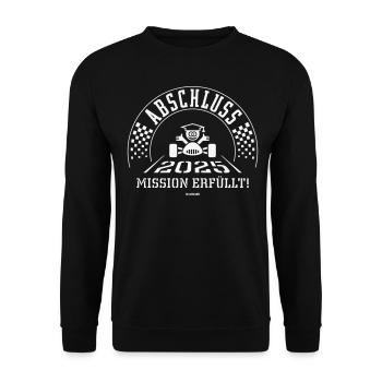 Abschluss 2025 – Mission Erfüllt! (Zieleinfahrt W) - Unisex Pullover - Schwarz - Vorne - Alina (178cm) & Michal (187cm)