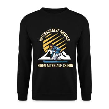 Unterschätze niemals einen alten Mann auf Skiern - Unisex Pullover - Schwarz - Vorne - Alina (178cm) & Michal (187cm)