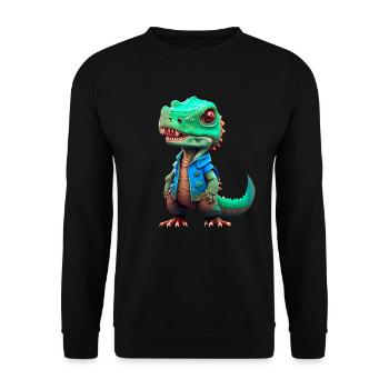 kleiner T-Rex in Jeansjacke - Unisex Pullover - Schwarz - Vorne - Alina (178cm) & Michal (187cm)