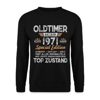 1971 Jahrgang geboren Oldtimer Geburtstag Geschenk - Unisex Pullover - Schwarz - Vorne - Alina (178cm) & Michal (187cm)