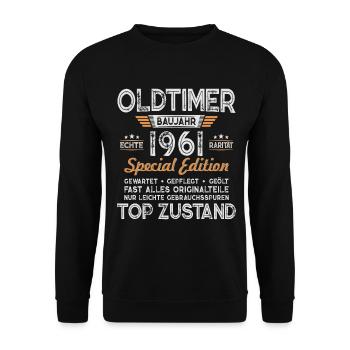 1961 Jahrgang geboren Oldtimer Geburtstag Geschenk - Unisex Pullover - Schwarz - Vorne - Alina (178cm) & Michal (187cm)
