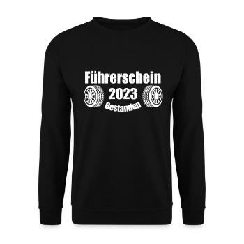 Auto Mofa Motorrad Führerschein bestanden 2023 - Unisex Pullover - Schwarz - Vorne - Alina (178cm) & Michal (187cm)
