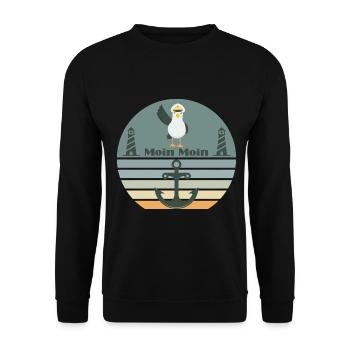 Moin mit Möwen dem Leuchtturm und Anker Moin - Unisex Pullover - Schwarz - Vorne - Alina (178cm) & Michal (187cm)