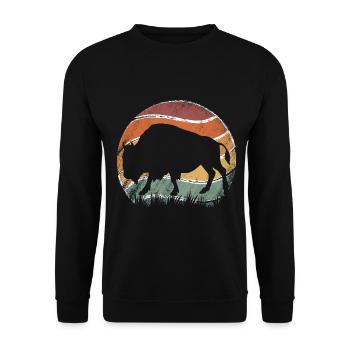 Retro Vintage Amerikanischer Bison Büffel - Unisex Pullover - Schwarz - Vorne - Alina (178cm) & Michal (187cm)