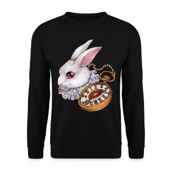 Weißes Kaninchen Hase mit Taschenuhr Alice Style - Unisex Pullover - Schwarz - Vorne - Alina (178cm) & Michal (187cm)