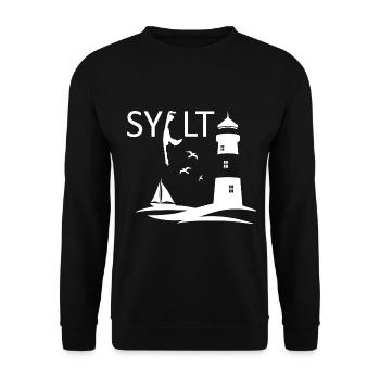 Ein Leuchtturm mit Möwen und Insel Karte von Sylt - Unisex Pullover - Schwarz - Vorne - Alina (178cm) & Michal (187cm)