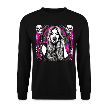 Coole Heavy Metal Frau mit Totenköpfen Gothic Pink - Unisex Pullover - Schwarz - Vorne - Alina (178cm) & Michal (187cm)