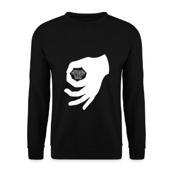 Reingeguckt Handzeichen Loch Kreis Lustiger Spruch - Unisex Pullover - Schwarz - Vorne - Alina (178cm) & Michal (187cm)