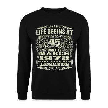 März 1978 - 45 Jahre alt - 45. Geburtstag - Unisex Pullover - Schwarz - Vorne - Alina (178cm) & Michal (187cm)