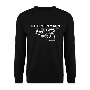 Ich bin ein Mann. Ich putze alles mit Glasreiniger - Unisex Pullover - Schwarz - Vorne - Alina (178cm) & Michal (187cm)
