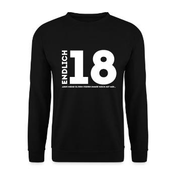18 na endlich 18. Geburtstag | 18 Jahre volljährig - Unisex Pullover - Schwarz - Vorne - Alina (178cm) & Michal (187cm)