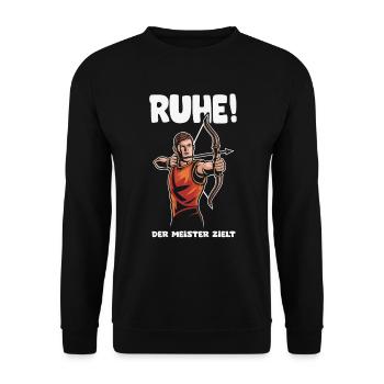 Ruhe! Der Meister zielt! Bogenschießen Bogensport - Unisex Pullover - Schwarz - Vorne - Alina (178cm) & Michal (187cm)