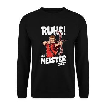 Ruhe! Der Meister zielt! Bogenschießen Bogensport - Unisex Pullover - Schwarz - Vorne - Alina (178cm) & Michal (187cm)