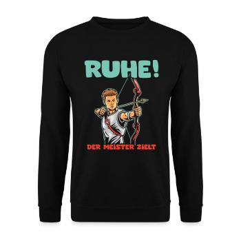 Ruhe! Der Meister zielt! Bogenschießen Bogensport - Unisex Pullover - Schwarz - Vorne - Alina (178cm) & Michal (187cm)